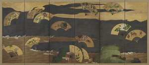 Fãs e nuvens sobre rochas e água, período Edo (tinta, cor, ouro e prata sobre papel)